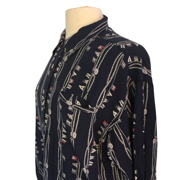 Espirit Sport Vintage 80s Navy Blue Nautical Print Button Front Shirt,‎ Top sz S - Picture 3 of 10